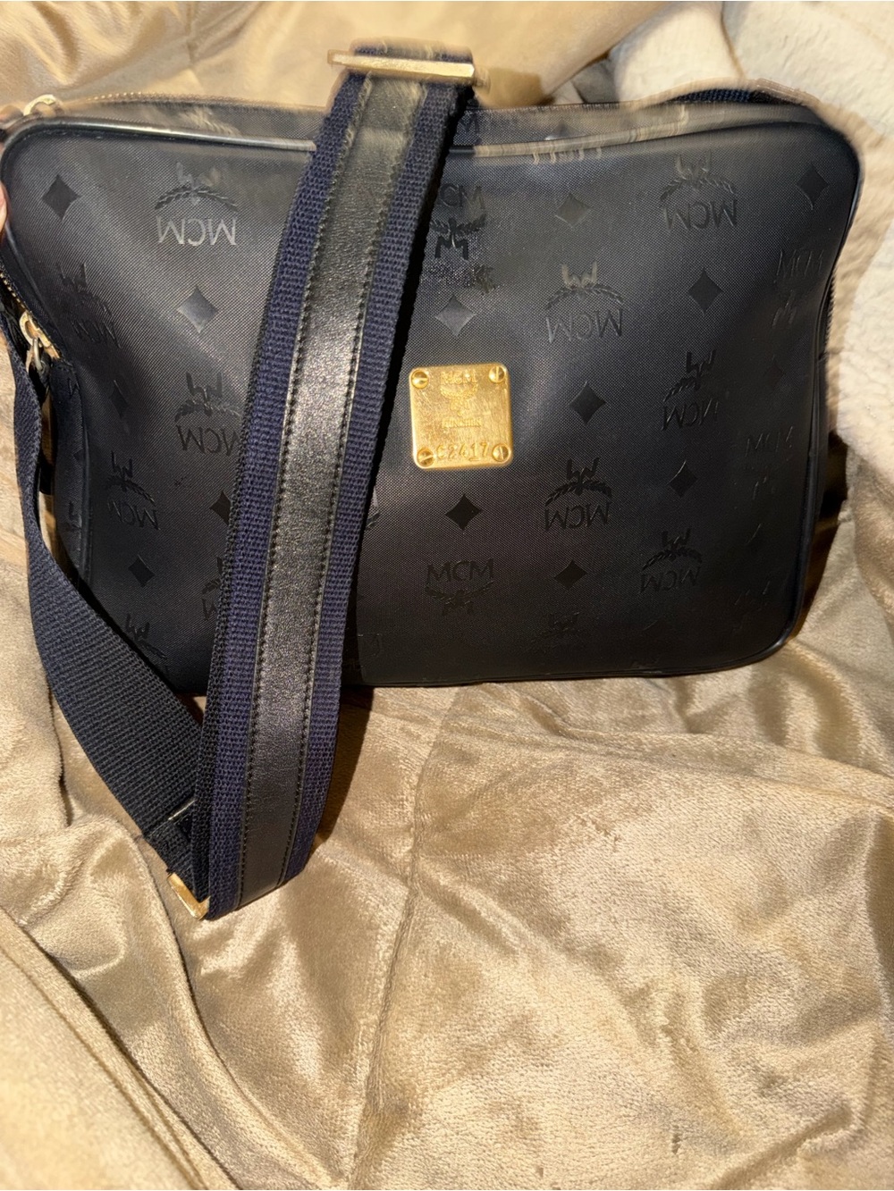 MCM Navy and Black Leather Messenger Bag with Gold Plate
